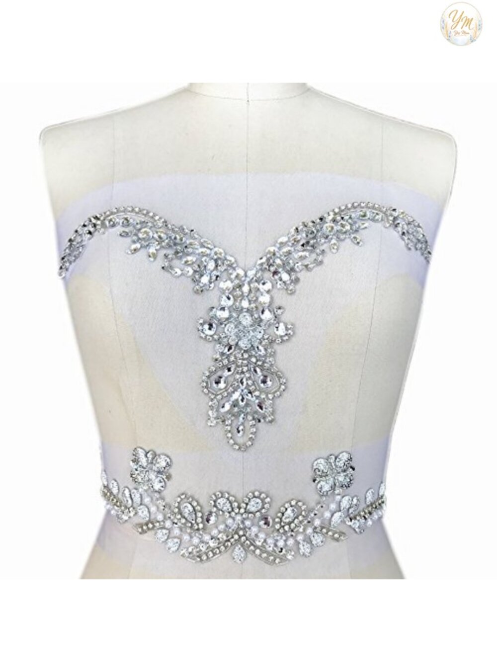 Handmade Beaded V-Neck Sequin Sew On Neckline Rhinestone Trim Bridal Applique